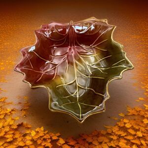 Vintage Fall Leaf Shaped Ceramic Tricolored Serving Bowl 9inches Wide Fall Decor